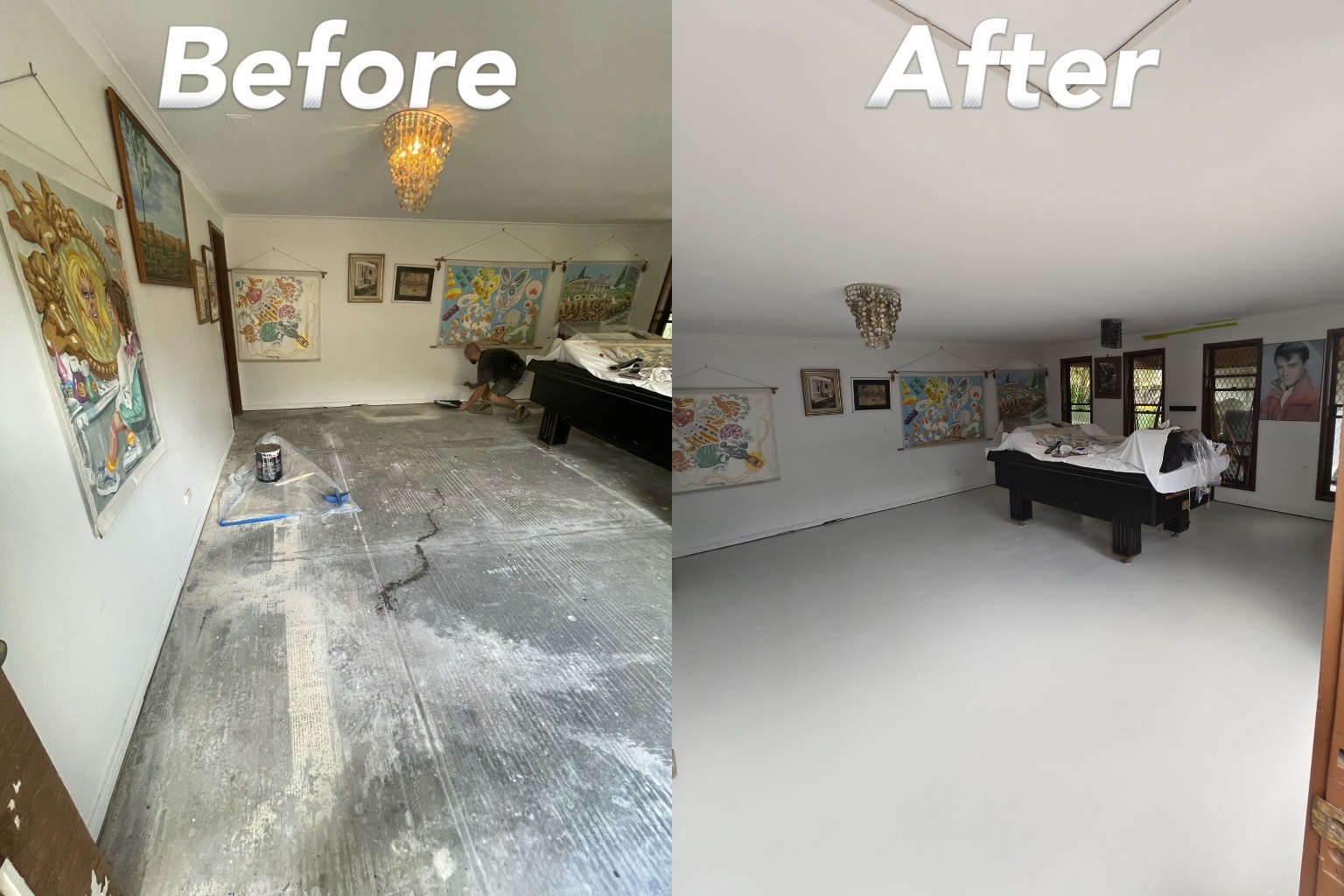 Concrete floor restoration and painting, showing professional cleanup work by Paradise Handyman.