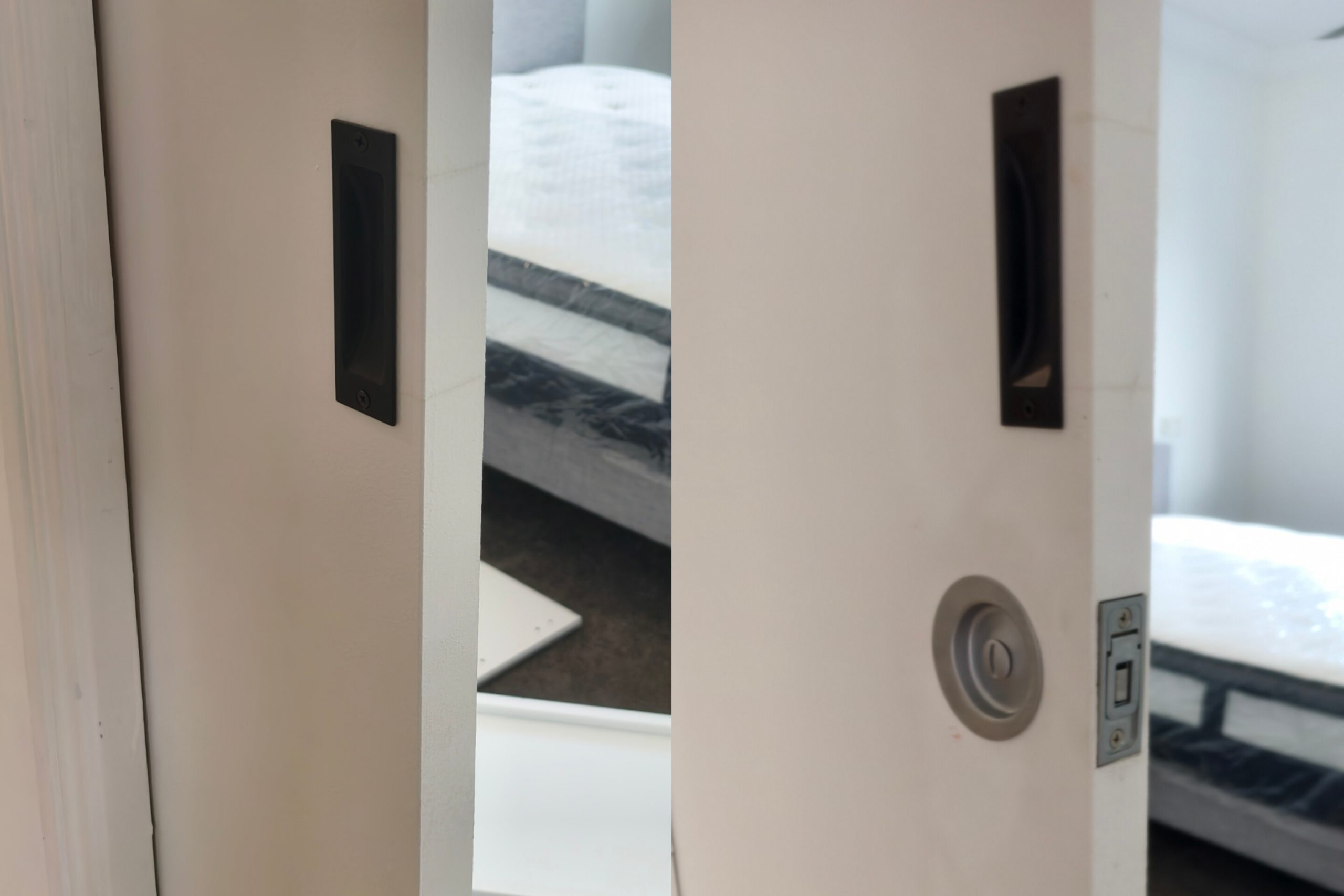 Installation and fitting of a modern cavity slider door handle and lock hardware by Paradise Handyman.