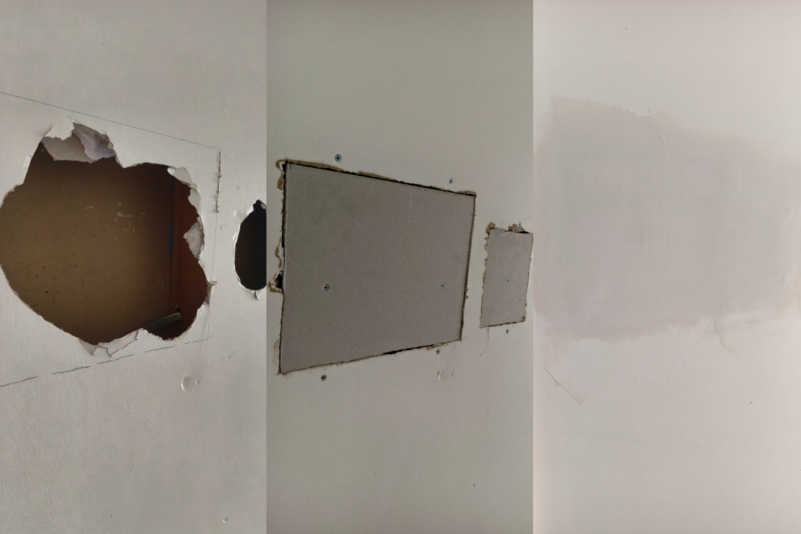 Step-by-step drywall repair service, showing damage patching and final plaster finishing by Paradise Handyman.