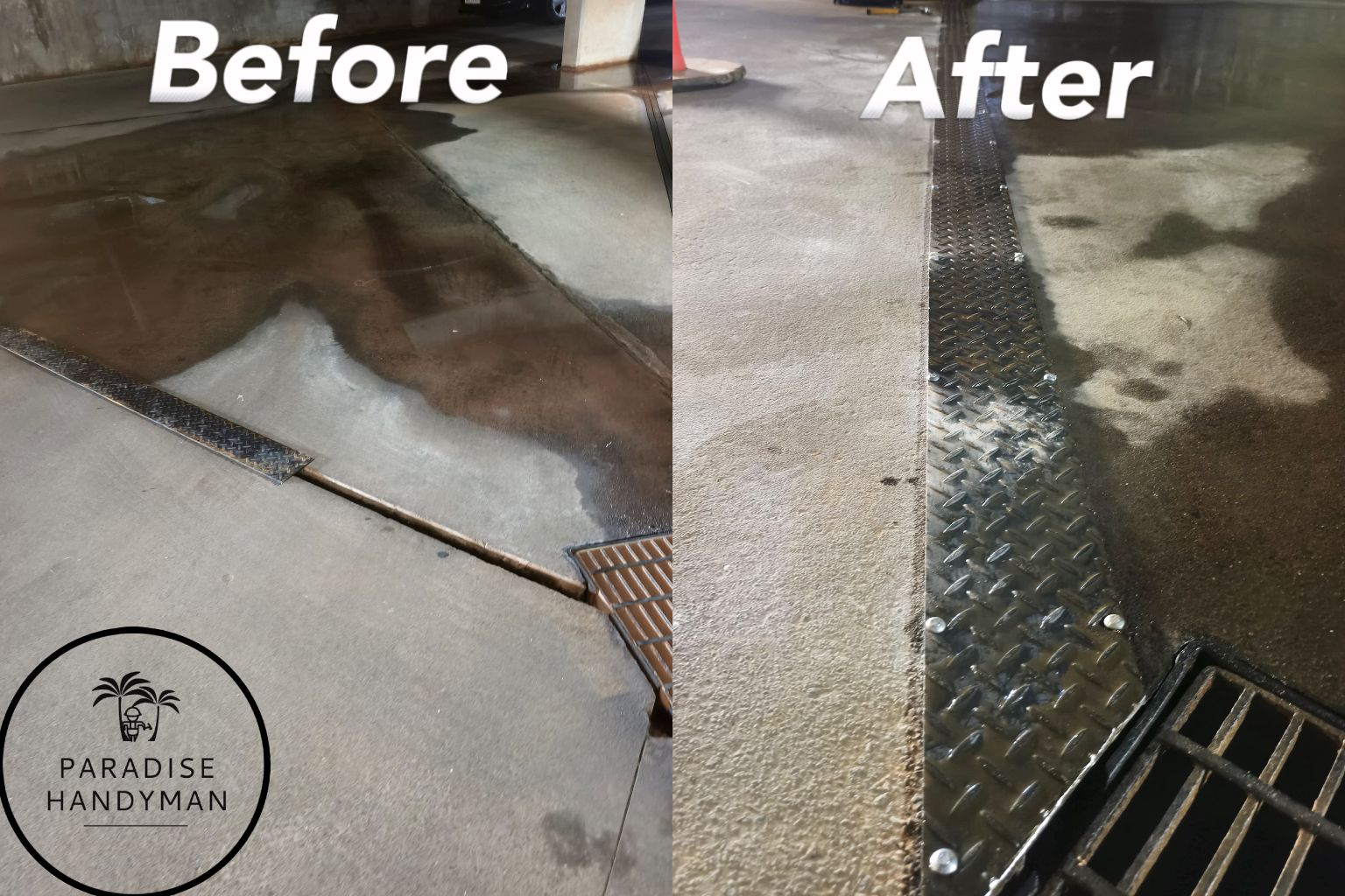 Concrete surface cleaning, trench line restoration, and heavy-duty floor maintenance by Paradise Handyman.