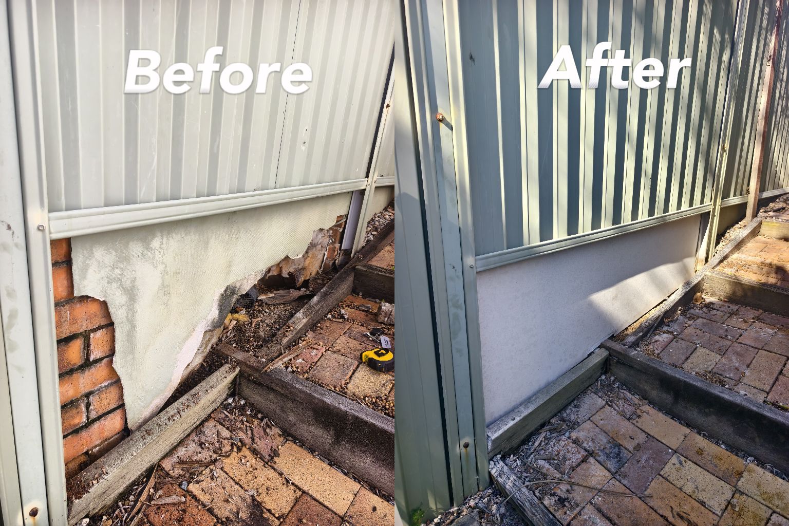 Before and after image of a repair on a damaged exterior boundary wall by Paradise Handyman.