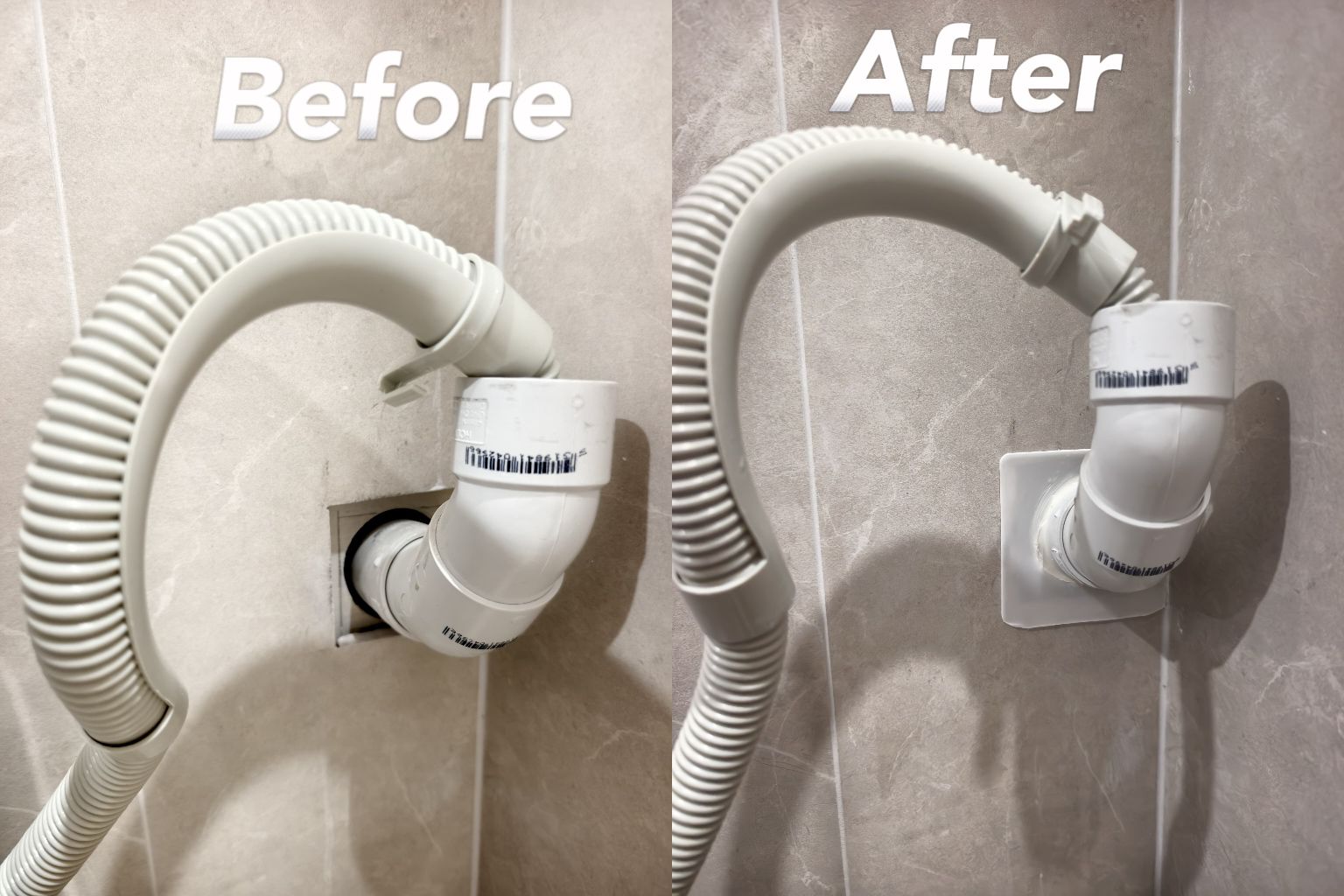 Close-up of sealing of an appliance drain hose connection into a wall by Paradise Handyman.