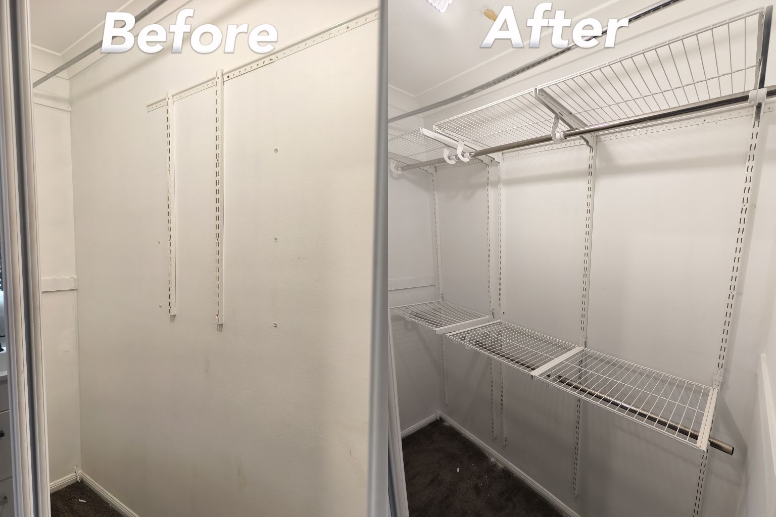 Before and after installation of wire shelving and hanging racks for a wardrobe system by Paradise Handyman.