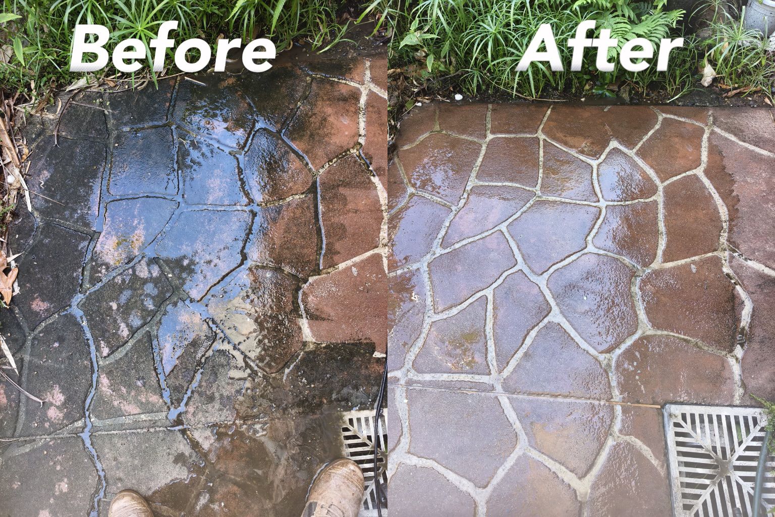 Pressure washing and cleaning, showing a major dirt and stain removal result by Paradise Handyman.