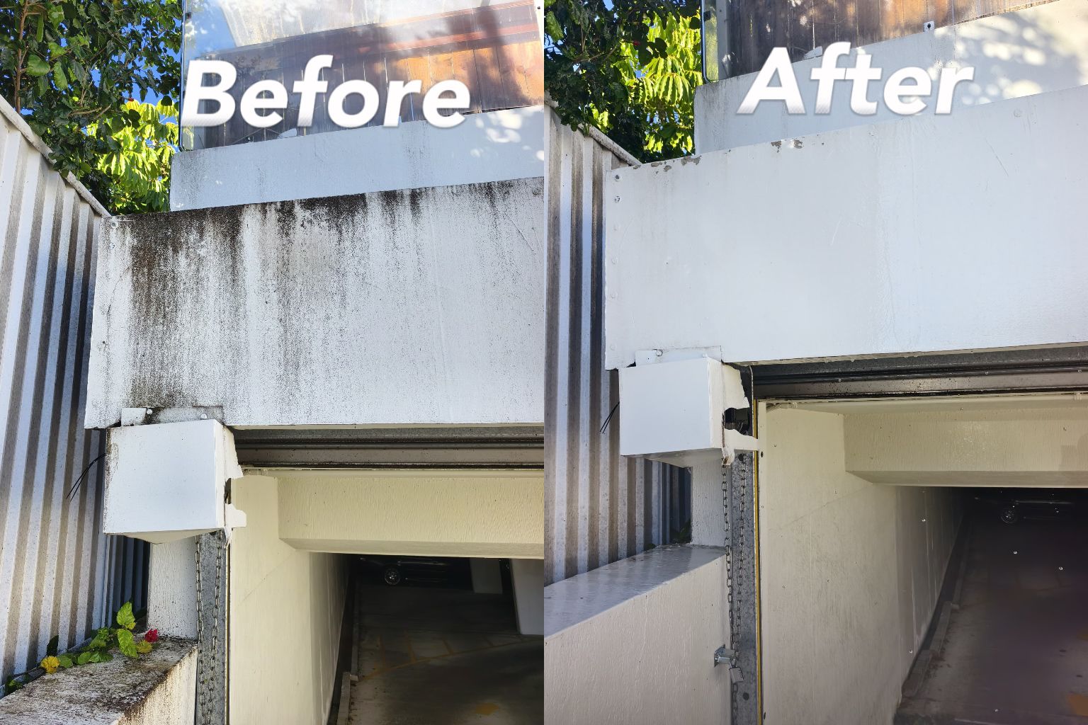 Before and after heavy mould and grime removal cleaning service on a building entrance by Paradise Handyman.
