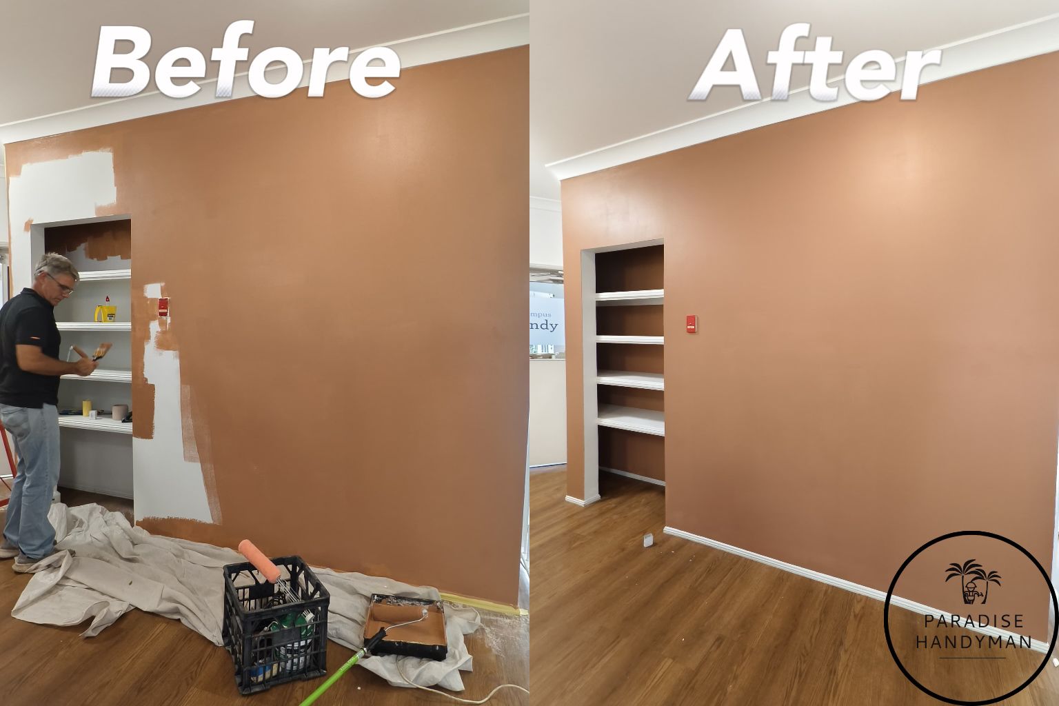 Interior room painting project, showing a feature wall by Paradise Handyman and friend!