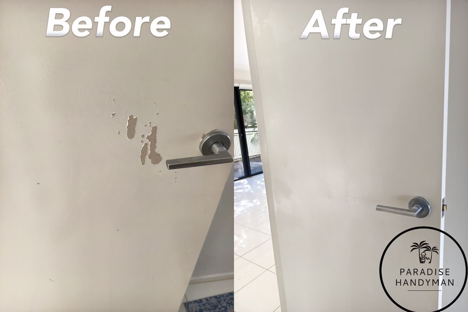 Damaged interior door repair, showing patch and paint restoration to a flawless finish by Paradise Handyman.