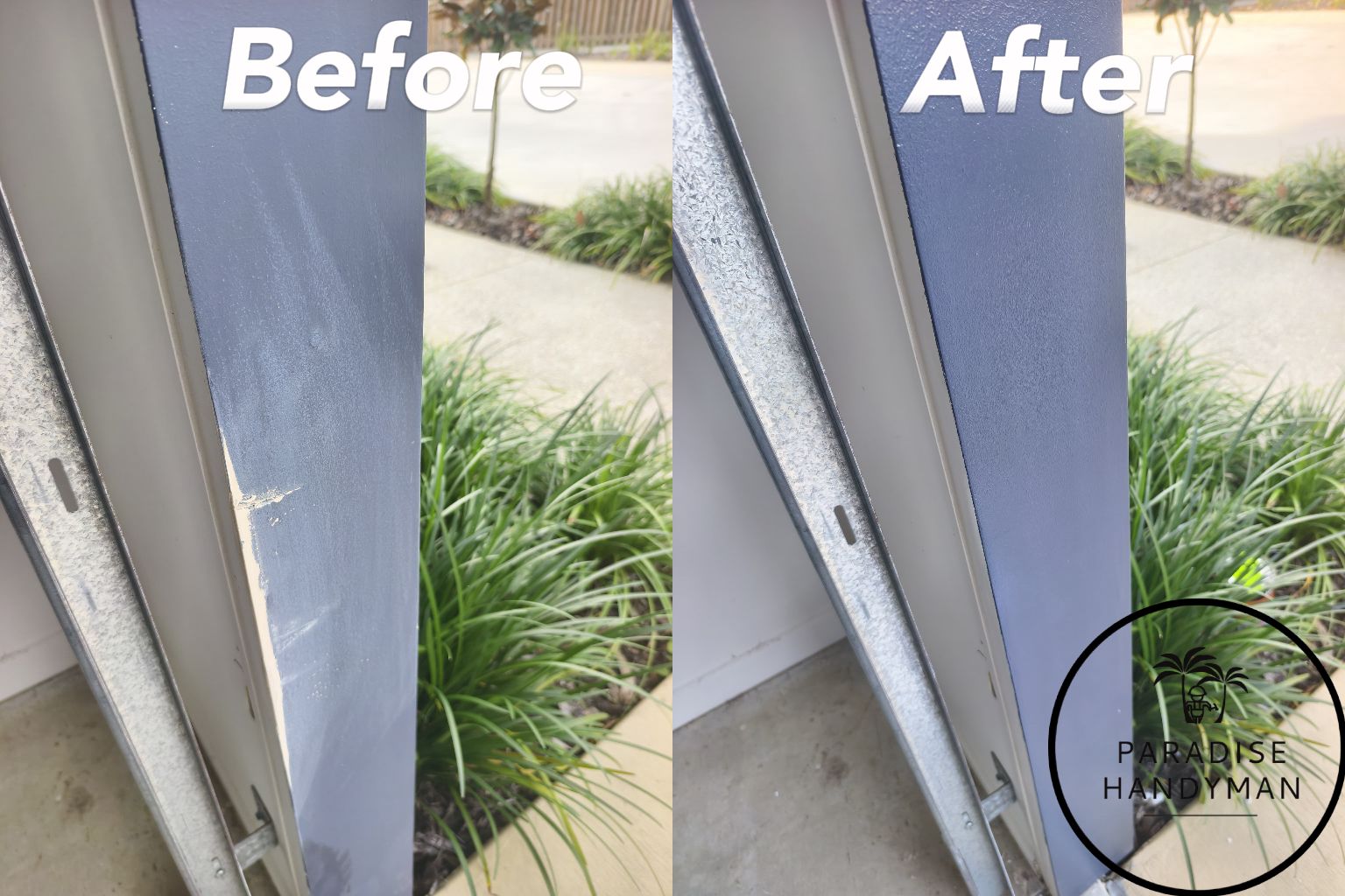 Close-up repair of scratched frame, showing paint touch-up and restoration by Paradise Handyman.