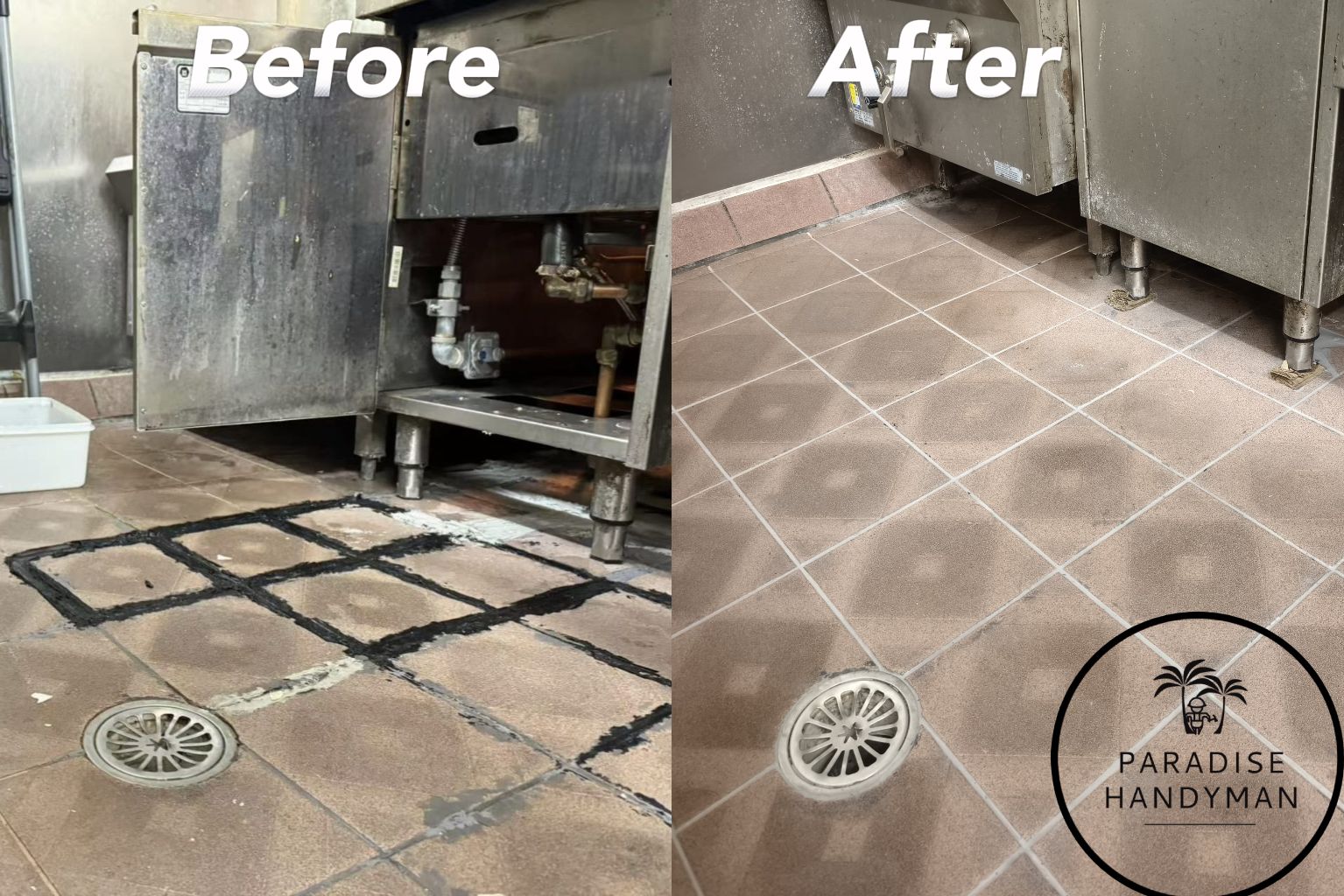 Commercial kitchen floor deep cleaning and grout restoration and re grouting using epoxy grout by Paradise Handyman specialist services.