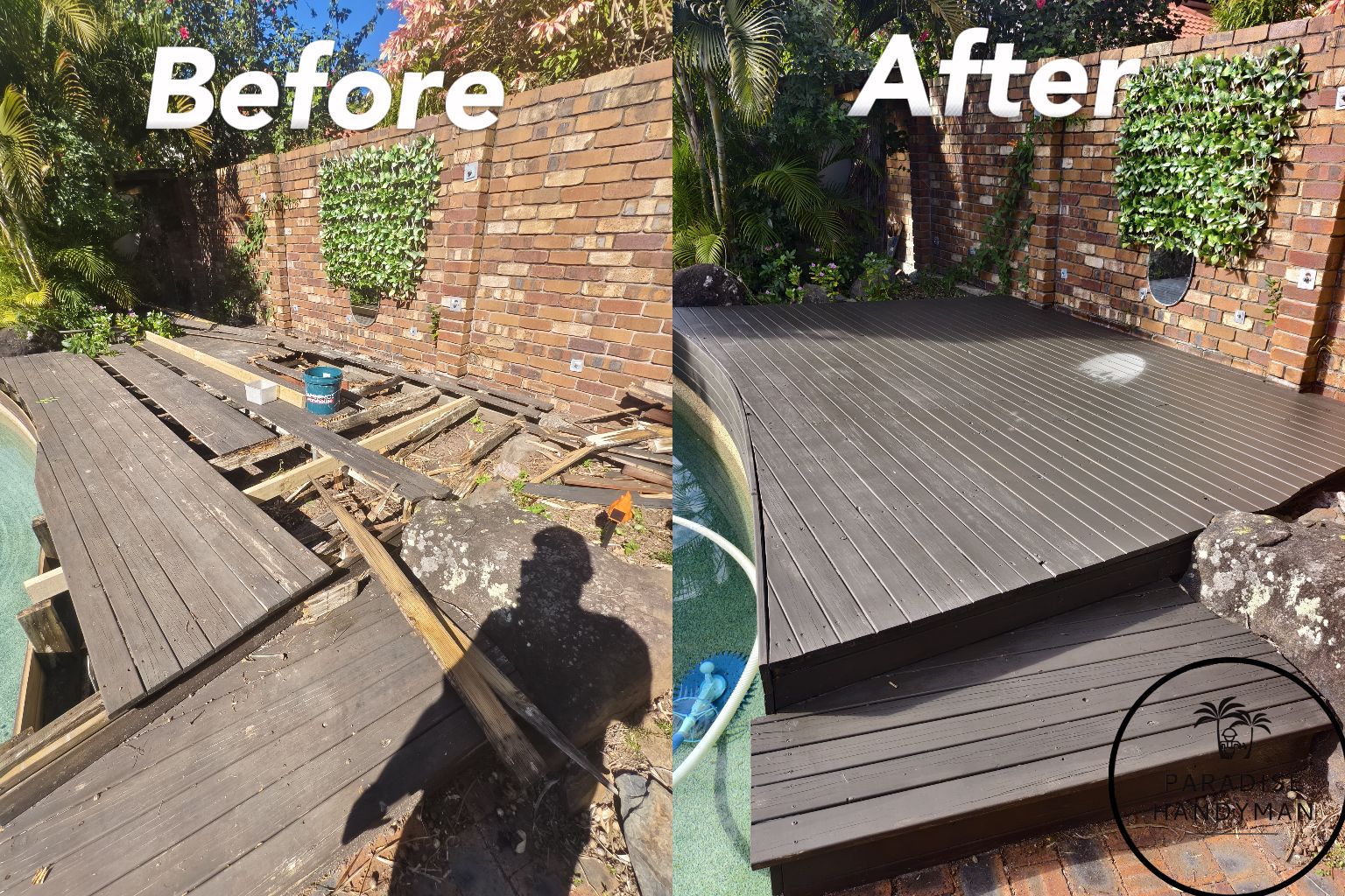 Deck repair and rebuild next to a pool, showcasing quality decking installation by Paradise Handyman.