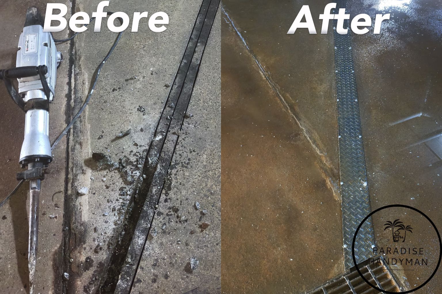 Concrete surface cleaning, trench line restoration, and heavy-duty floor maintenance by Paradise Handyman.