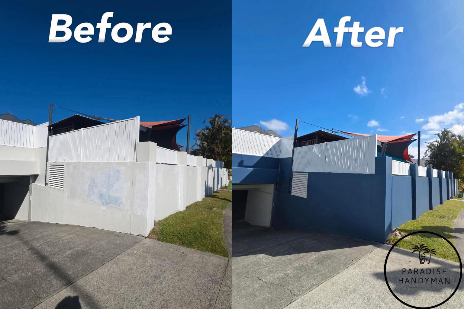 External wall painting project before and after, showing a clean, freshly painted blue wall by Paradise Handyman and friend.