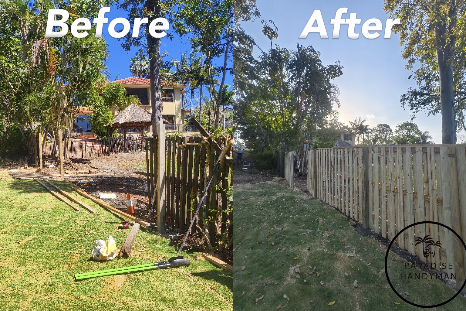 New timber paling fence installation replacing an old damaged fence, showcasing construction by Paradise Handyman.
