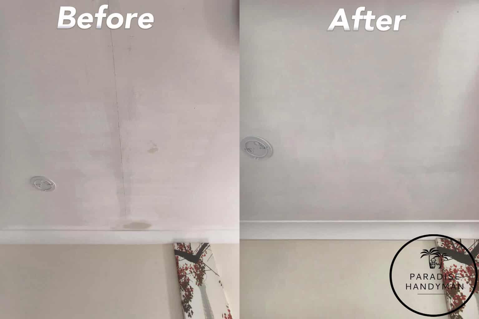 Before and after repair of a damaged ceiling with cracks and water stains by Paradise Handyman service.