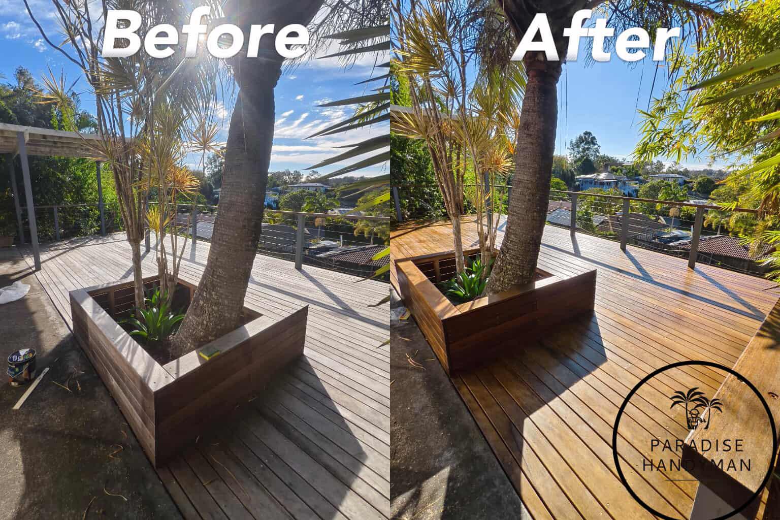 Detailed wooden deck recoating and planter box restoration service by Paradise Handyman.
