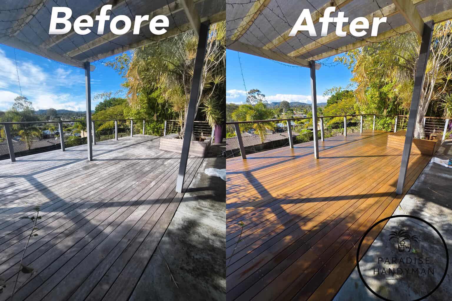 Timber decking restoration showing old weathered wood transformed to a rich, new coat by Paradise Handyman.