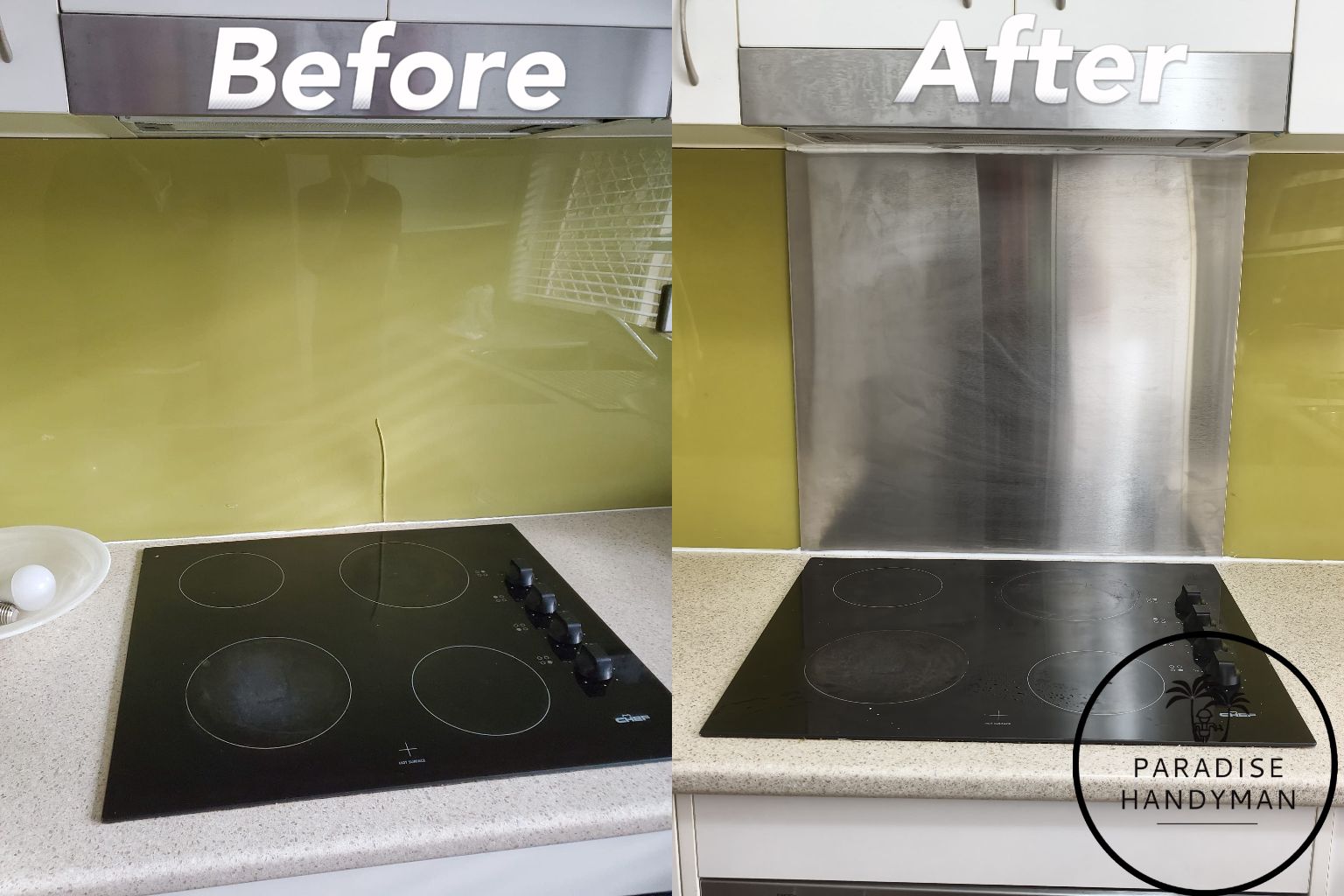 Kitchen splashback repair and replacement service showing a cracked glass panel replaced with a new stainless steel panel by Paradise Handyman.