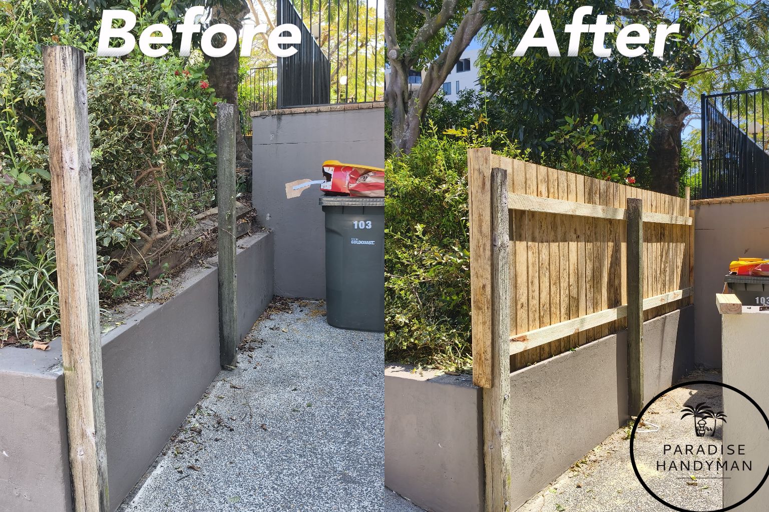 Before and after of a timber fence for a customer based on the Gold Coast by Paradise Handyman.